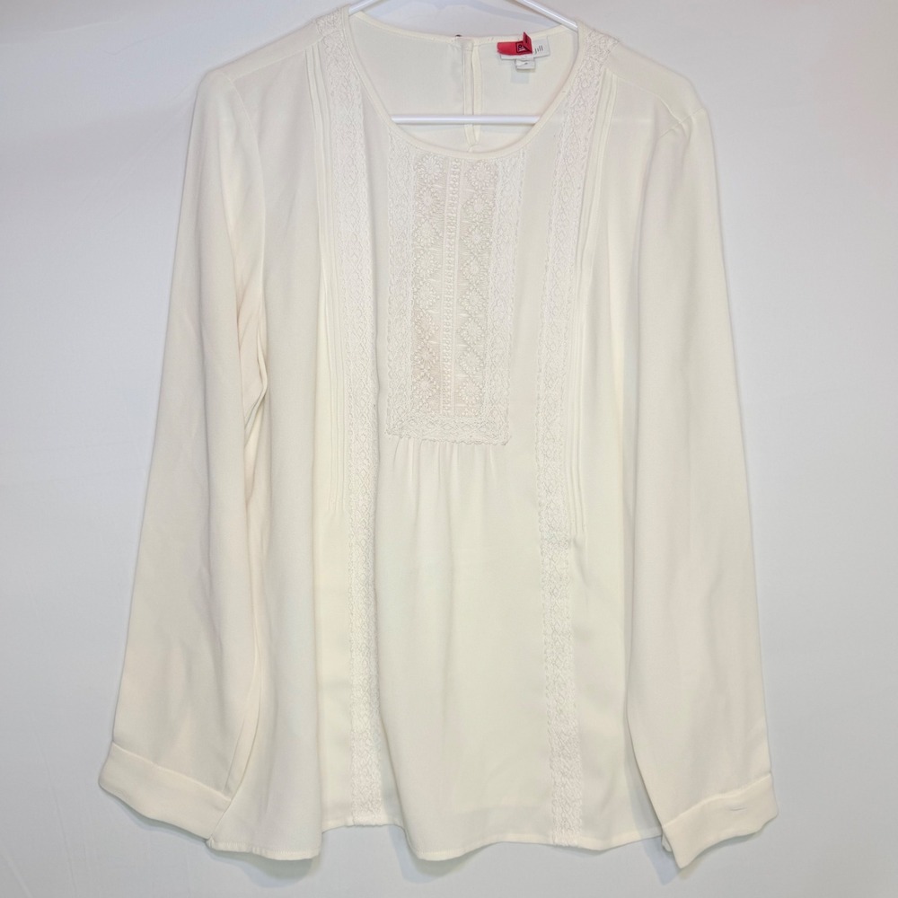 J. Jill Womens Cream Lace Bib Long Sleeve Pintuck Blouse Size M Keyhole Back